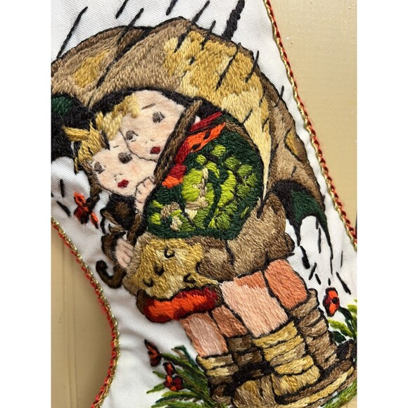 Vintage Hummel Christmas Stocking Hand Embroidered Crewel On Linen & Felt 17" - Picture 4 of 8
